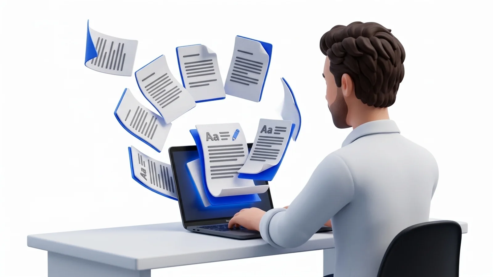 Texte & Inhalte – Person schreibt Werbetexte am Laptop, Dokumente fliegen aus dem Bildschirm