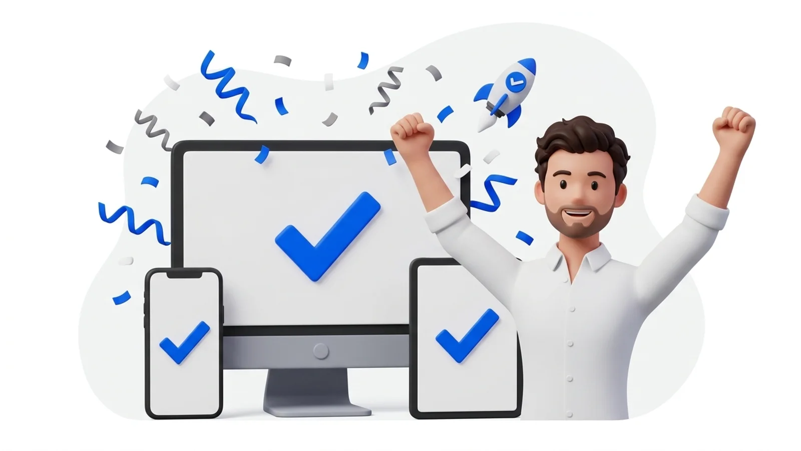Umsetzung & Go-Live – Website ist live auf allen Geräten mit Confetti und Checkmarks